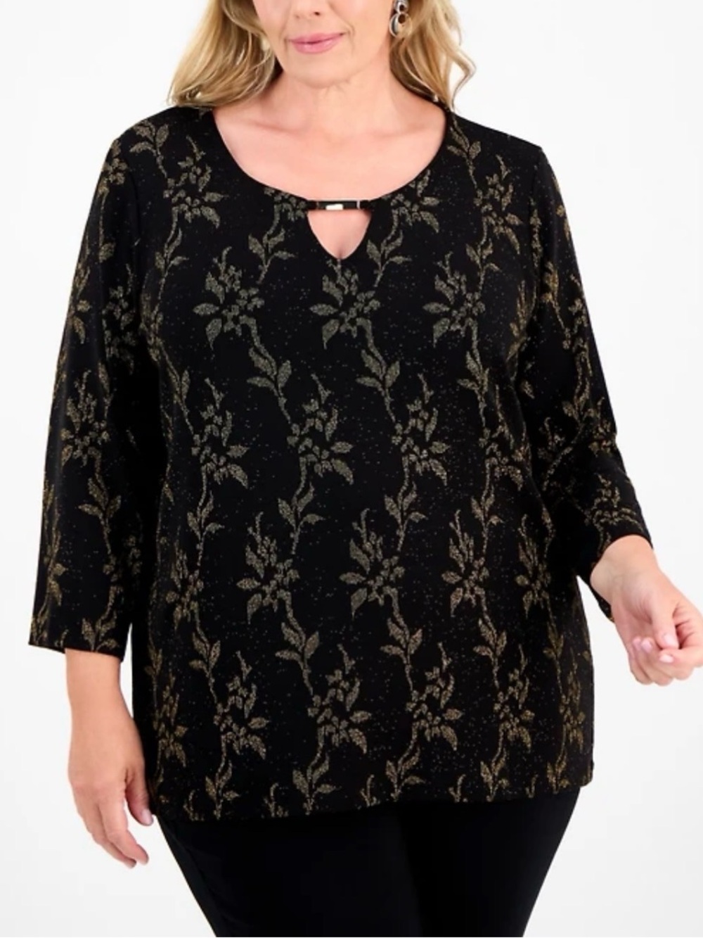 JM Collection Women's Black Floral Shine Keyhole Jacquard Top 3/4 Sleeve Size 2X